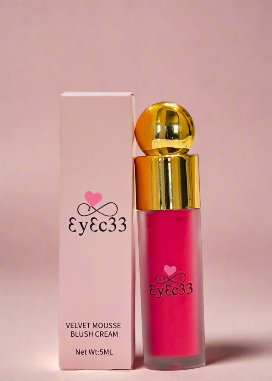 Eyec33 blush cream with pink packaging on a pink background